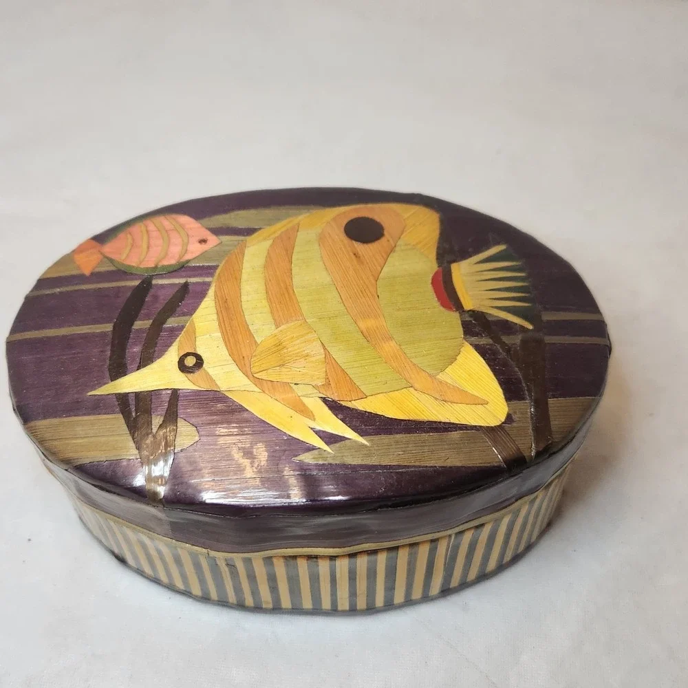Set Of 2 Small Trinket Boxes 1 Wooden  1 W/ Wooden Inlay Fish Accents